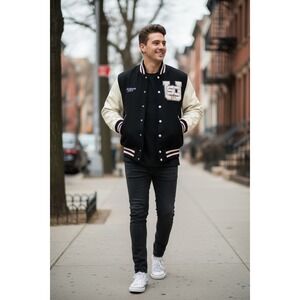 DeLONG USC Varsity Letterman Jacket‎ Black White Leather Sz Large 2009